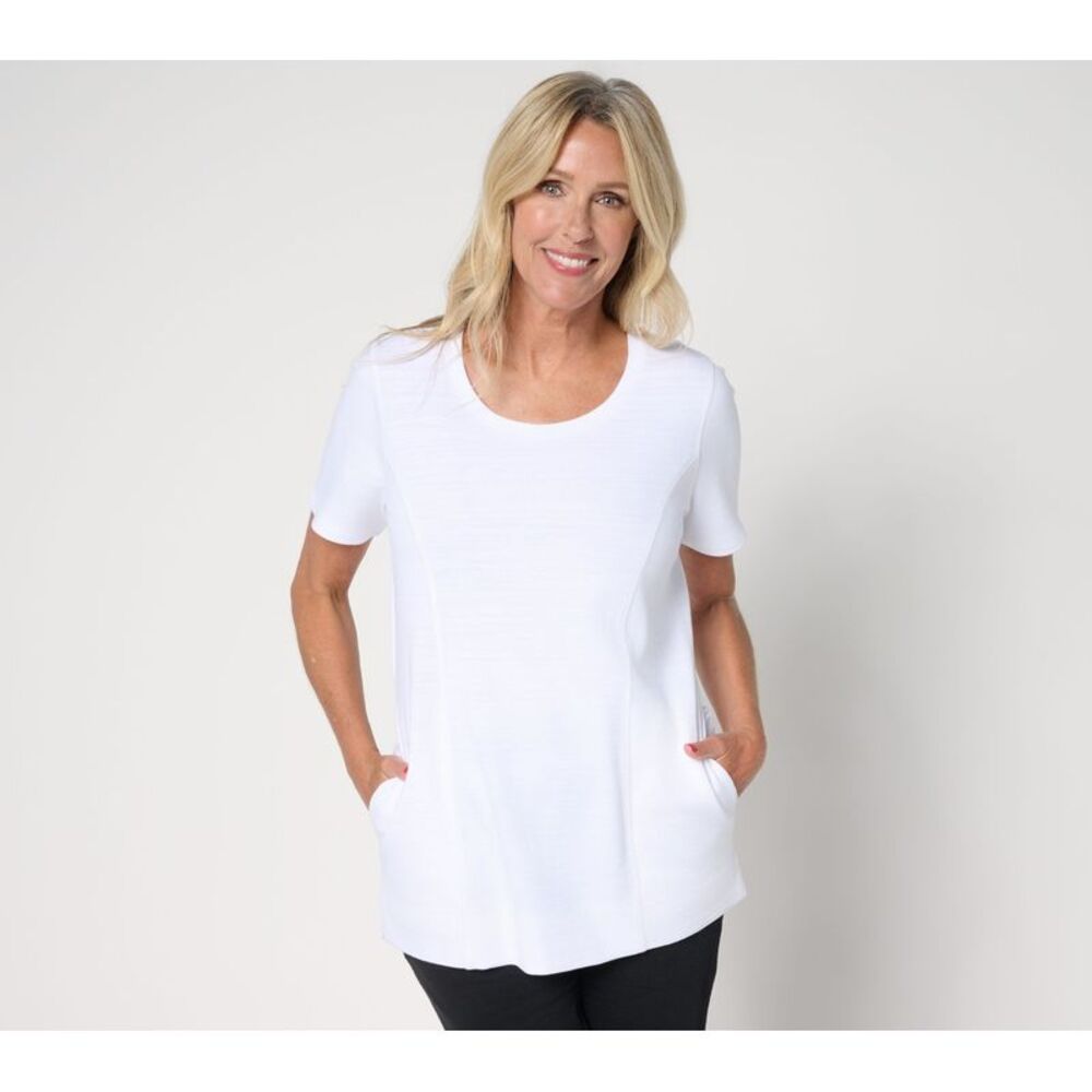 Denim & Co. Women's Top Plus Sz 1X Active Textured Cotton Scoop White A694605